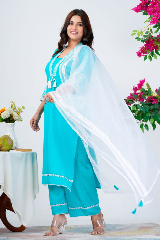 Pure Cotton V Neck With Embroidery Work Kurta With Trousers & Dupatta