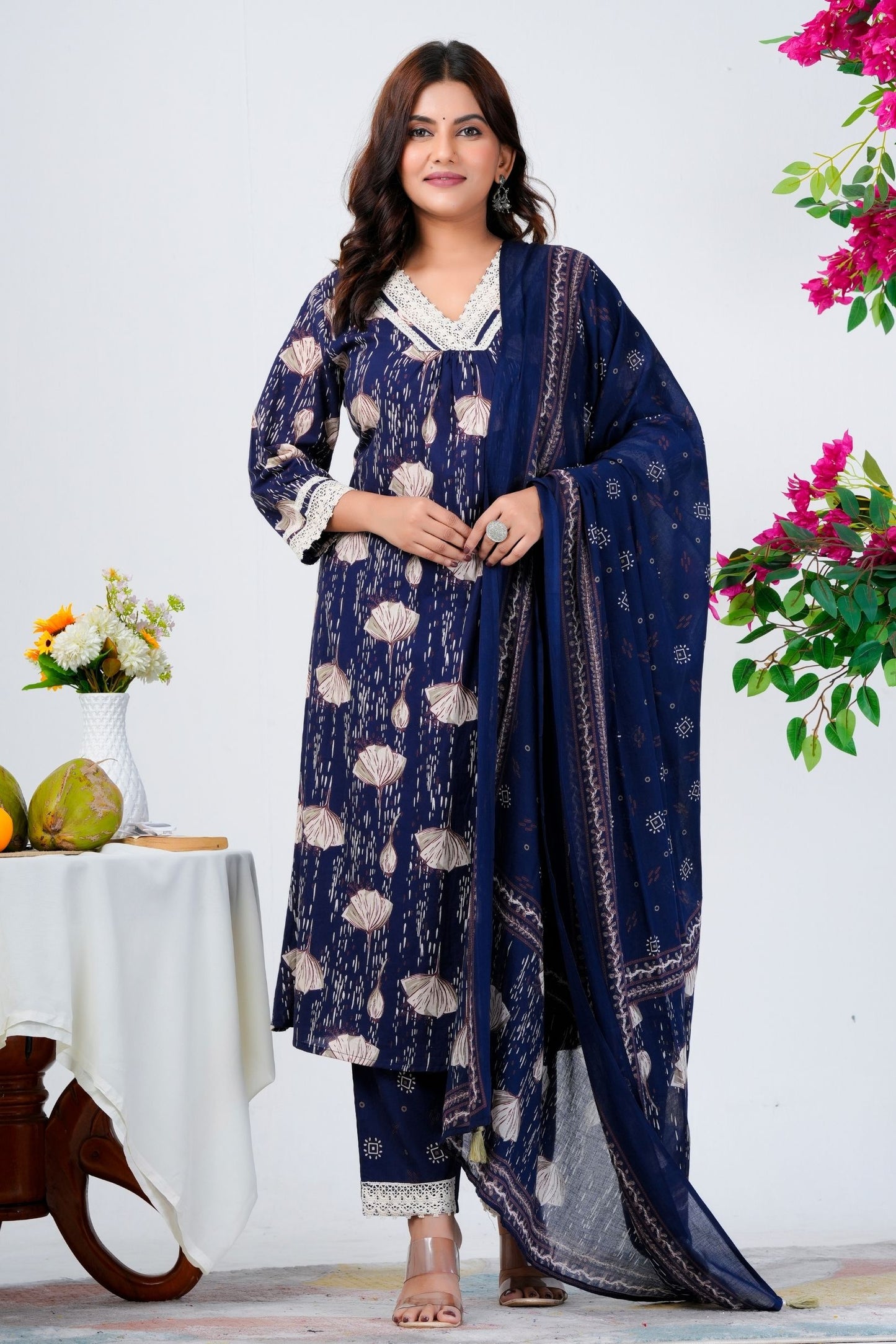 Floral Printed Pure Cotton Kurta With Trousers & Mulmul Dupatta 5
