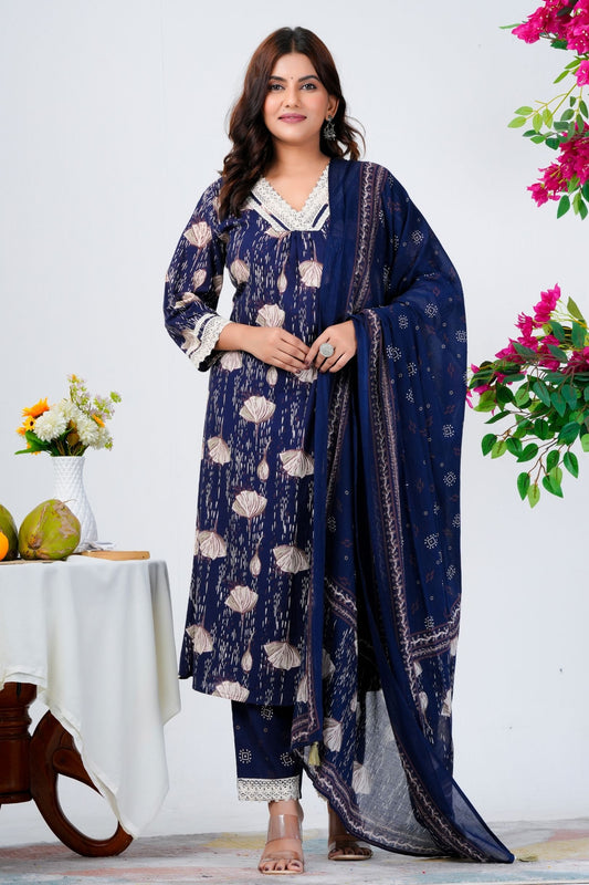 Floral Printed Pure Cotton Kurta With Trousers & Mulmul Dupatta 5
