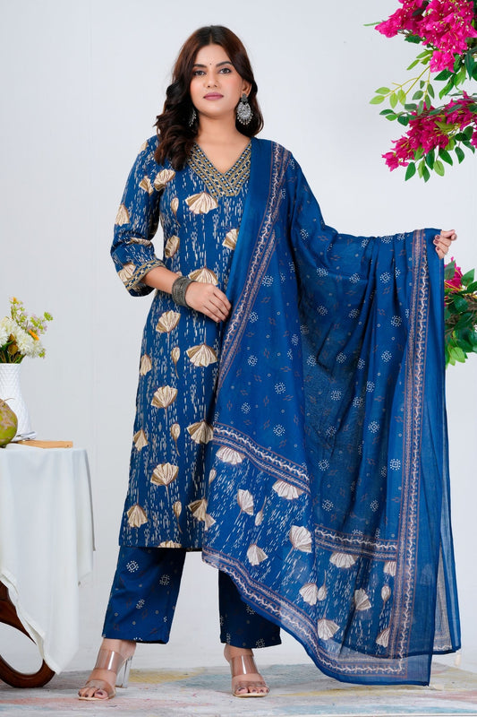 Floral Printed Pure Cotton Kurta With Trousers & Dupatta