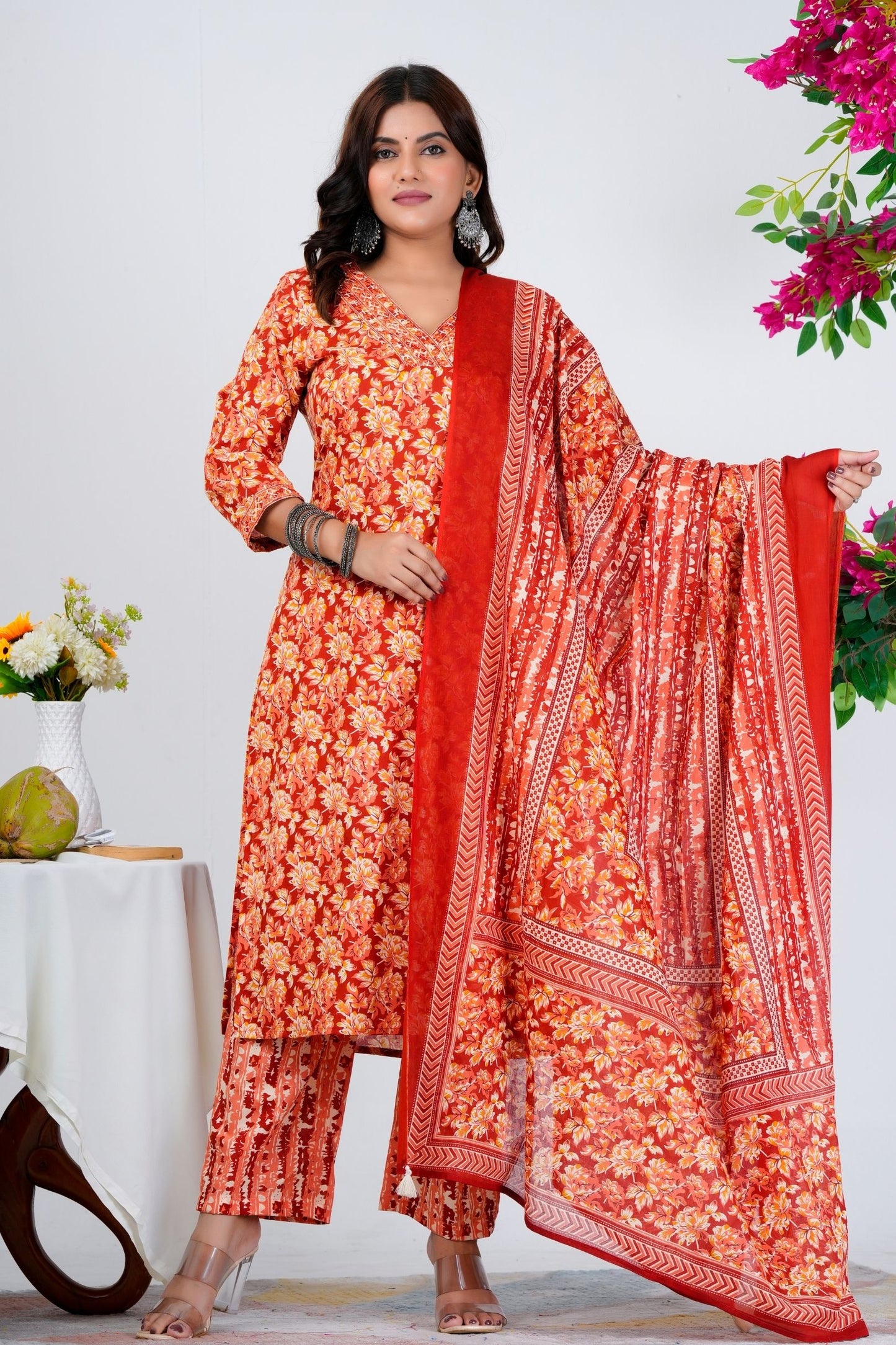 Floral Printed Pure Cotton Kurta With Trousers & Mulmul Dupatta
