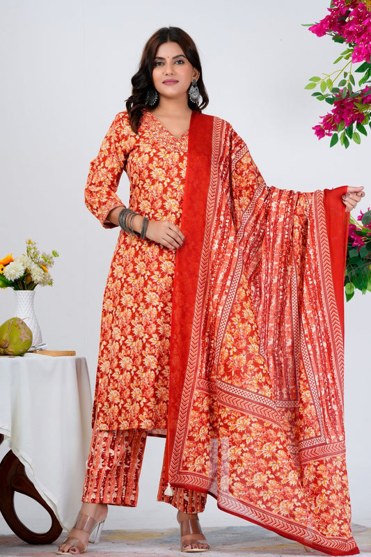 Floral Printed Pure Cotton Kurta With Trousers & Mulmul Dupatta