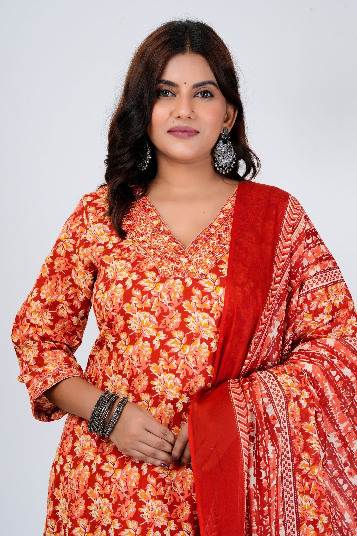 Floral Printed Pure Cotton Kurta With Trousers & Mulmul Dupatta