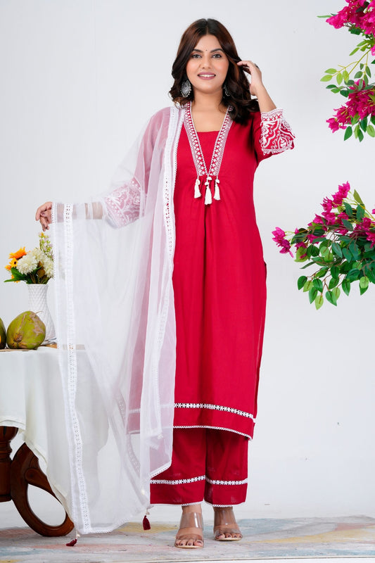 Pure Cotton V Neck With Embroidery Work Kurta With Trousers & Dupatta