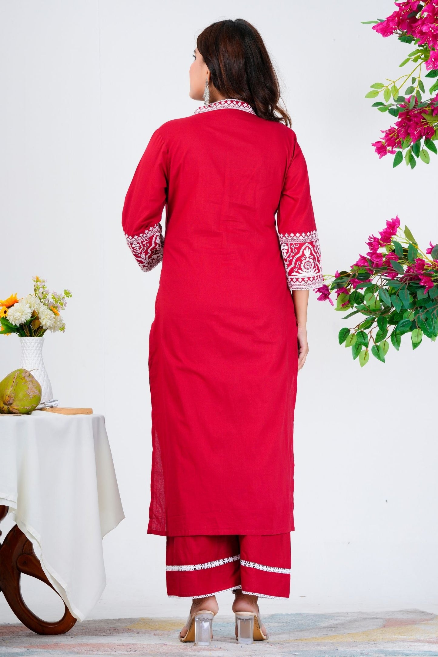 Pure Cotton V Neck With Embroidery Work Kurta With Trousers & Dupatta