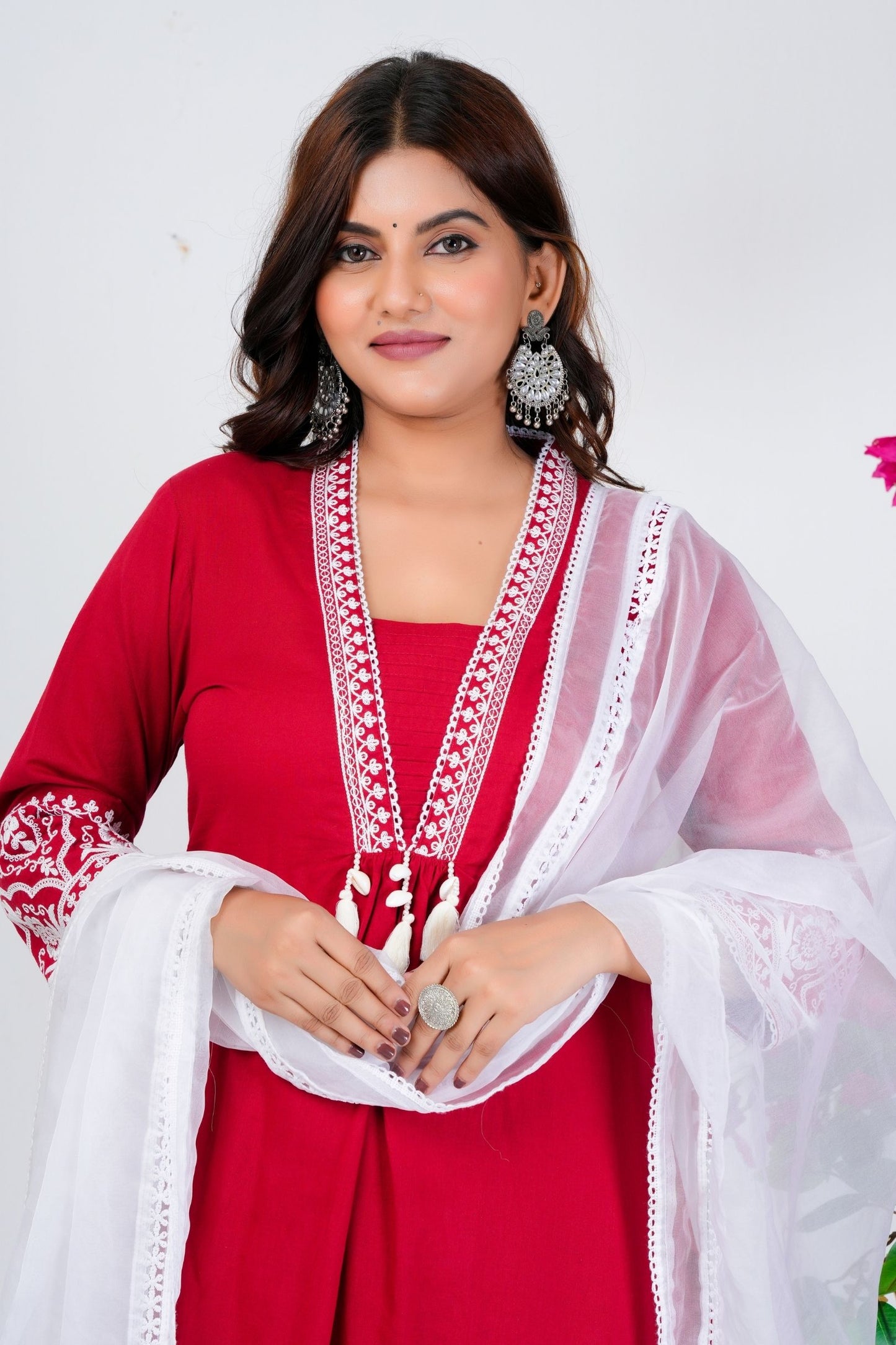 Pure Cotton V Neck With Embroidery Work Kurta With Trousers & Dupatta