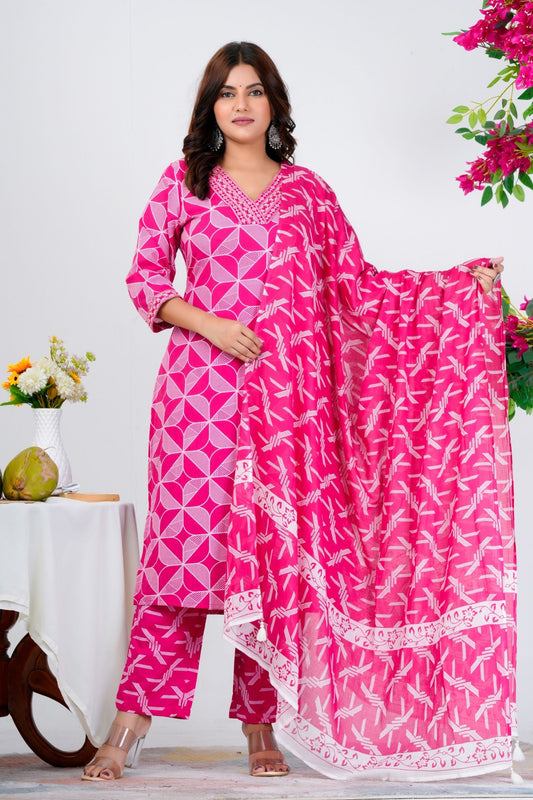 Floral Printed Pure Cotton Kurta With Trousers & Mulmul Dupatta
