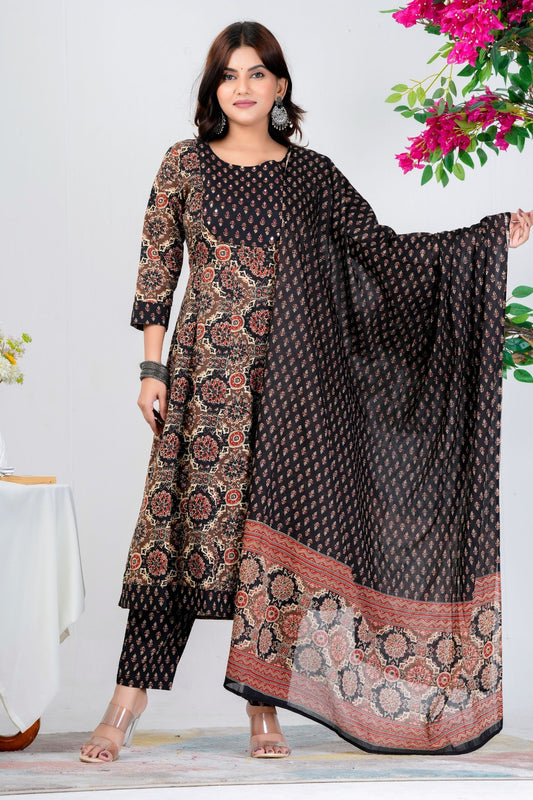 Jaipuri Printed Pure Cotton Kurta With Trousers & Mulmul Dupatta