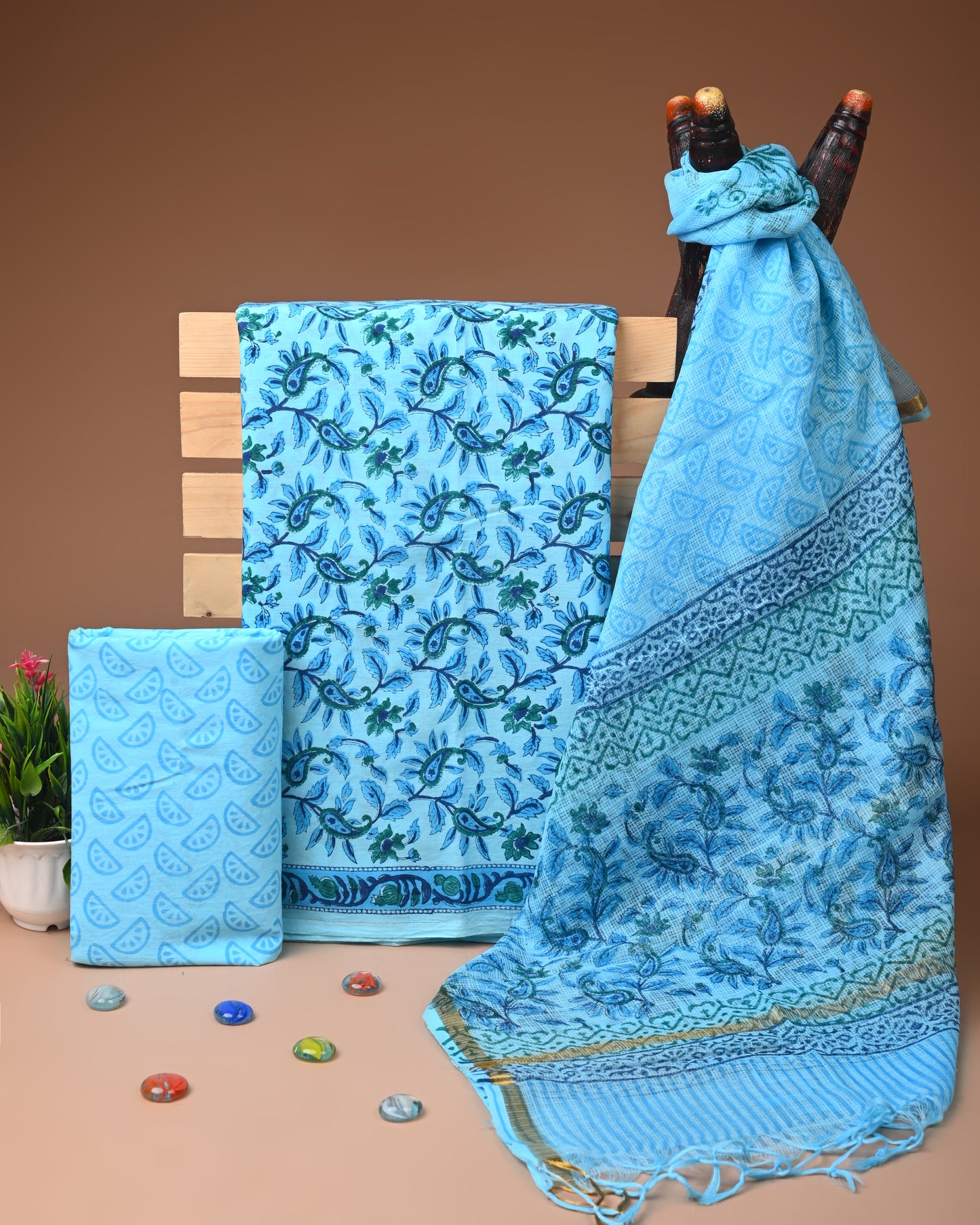 Premium Hand Block Printed Cotton Suit With Kota Doria Dupatta