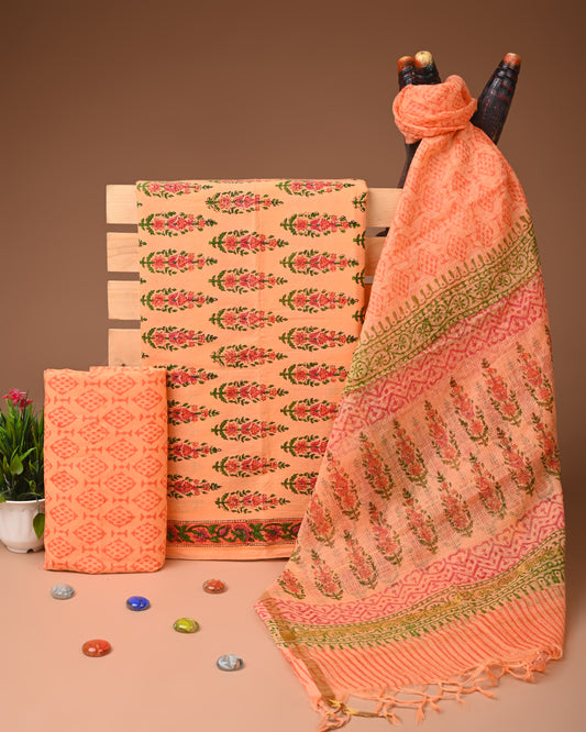 Orange Hand Block Print Cotton Suit With Kota Doria Dupatta