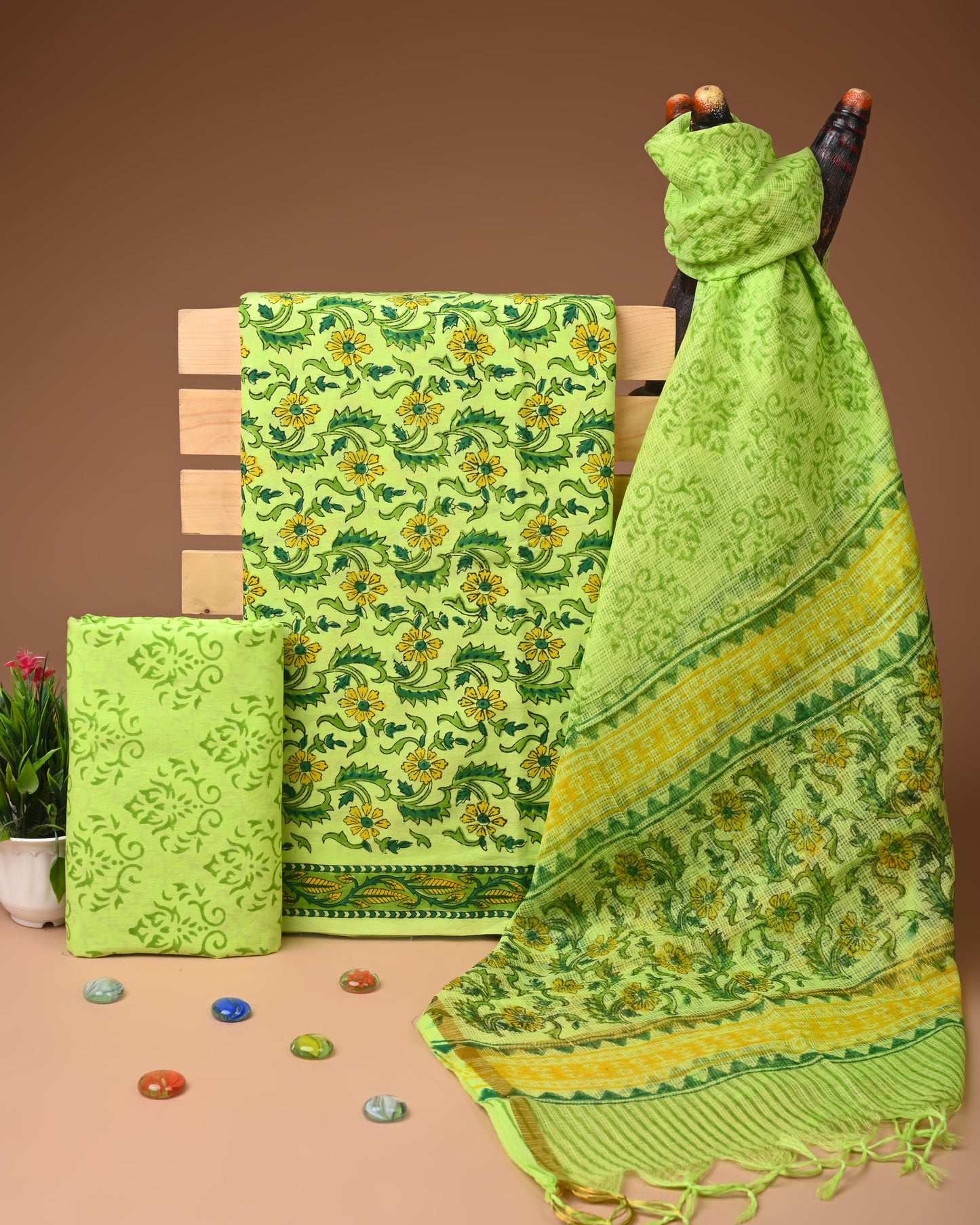 Green Hand Block Print Cotton Suit With Kota Doria Dupatta
