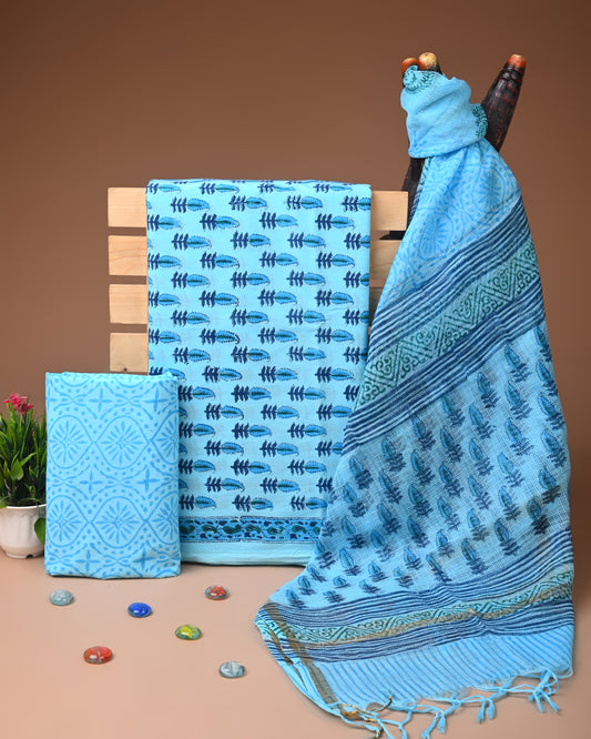 New Hand Block Printed Cotton Suit With Kota Doria Dupatta