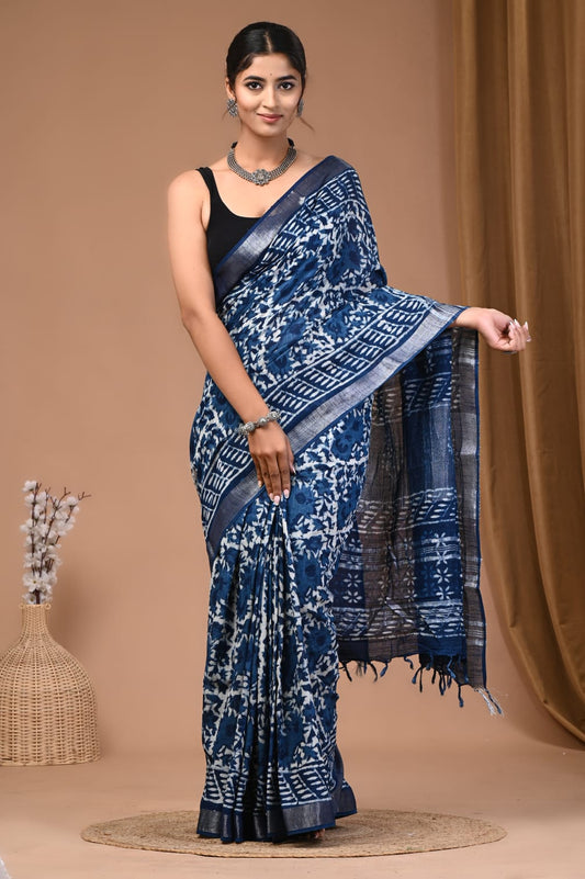 Dabu Block Print Linen Saree