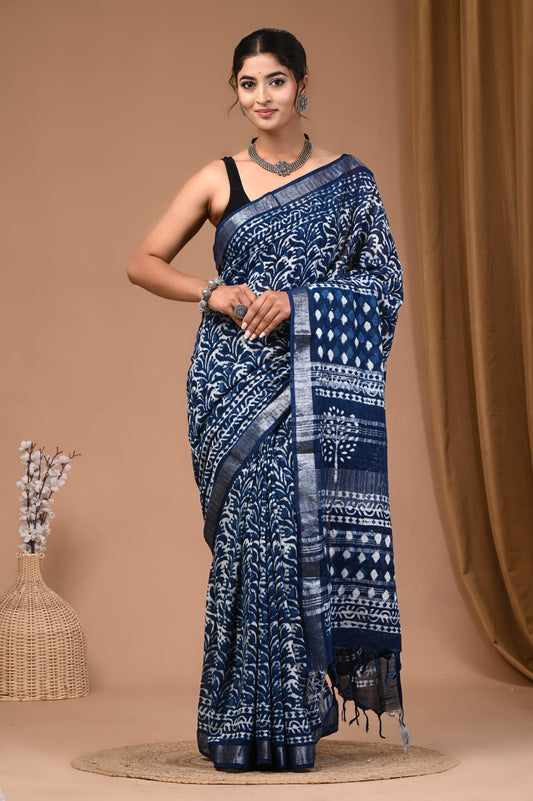 Eco-Friendly Dabu Printed Linen Saree