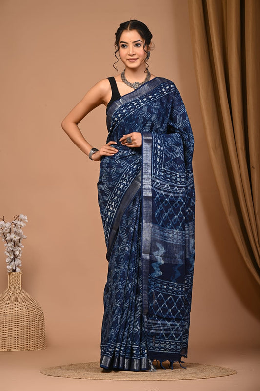 Pure Linen Saree With Traditional Dabu Prints