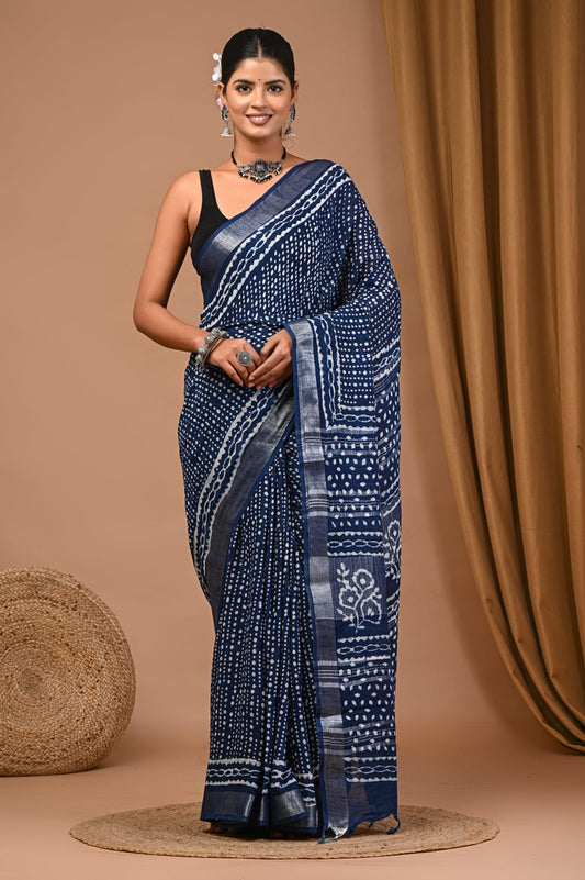 Handcrafted Linen Saree With Traditional Dabu Prints