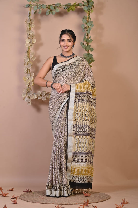 Premium Hand Block Printed Linen Saree