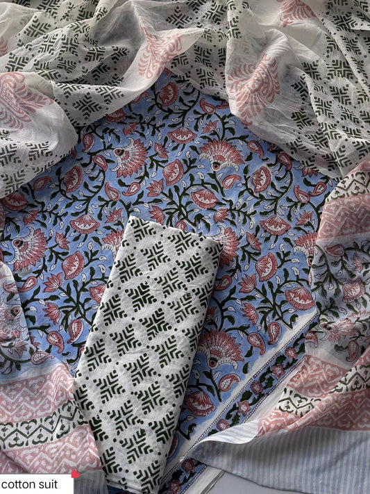 Premium New Hand Block Printed Cotton Suit Set With Cotton Dupatta
