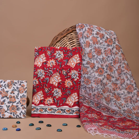 Premium Hand Block Printed Cotton Suit With Kota Doria Dupatta