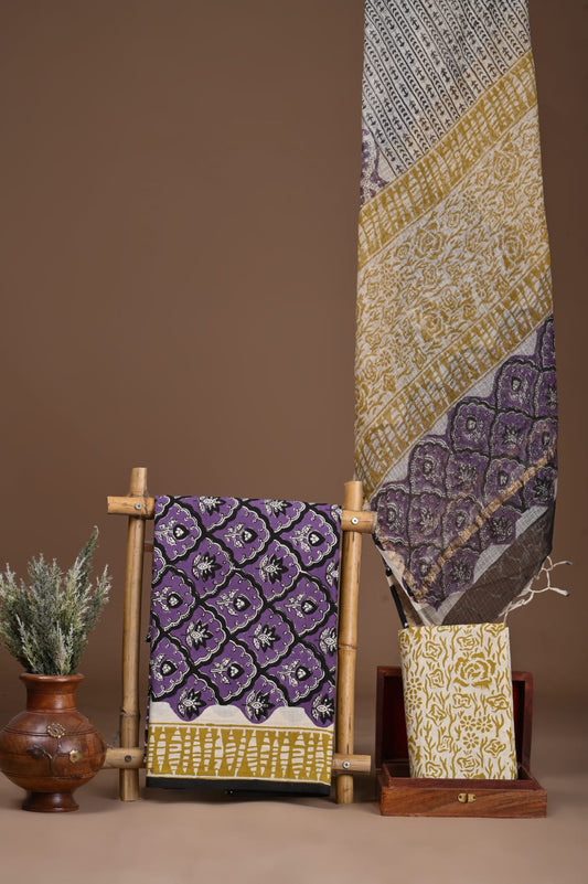 Exclusive Hand Printed Cotton Suit With Kota Doria Dupatta