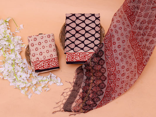 Hand Block Print Organic Cotton suit With Kota Doriya Dupatta