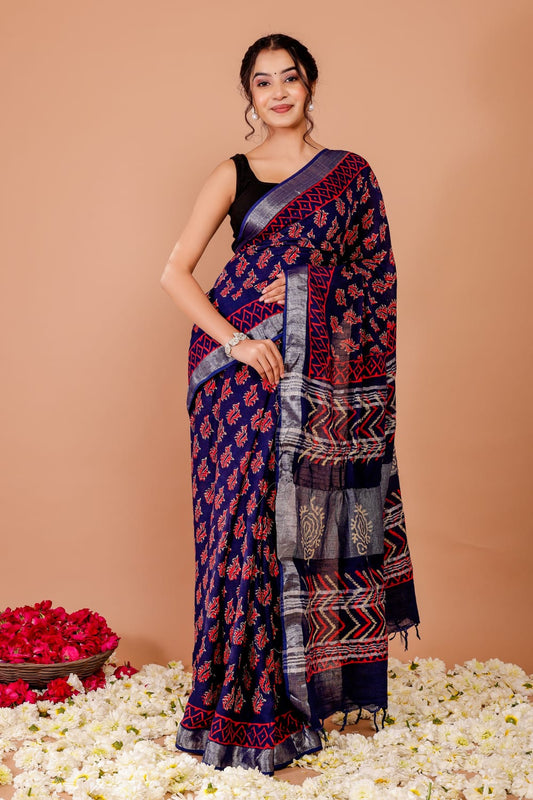Soft Linen Saree With Hand Block Prints