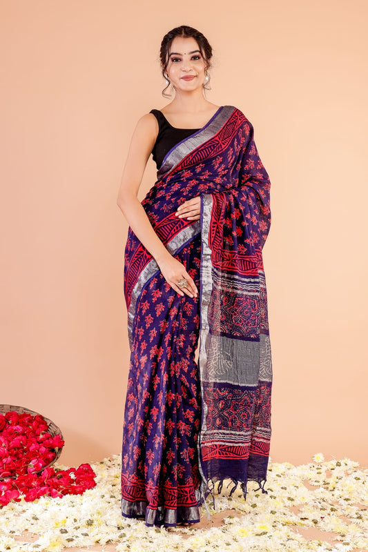 Nature-Inspired Hand Printed Linen Saree