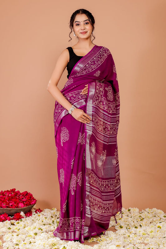 Elegant Hand Printed Pure Linen Saree