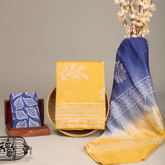 Hand Block Print Chanderi silk Yellow Suit Set