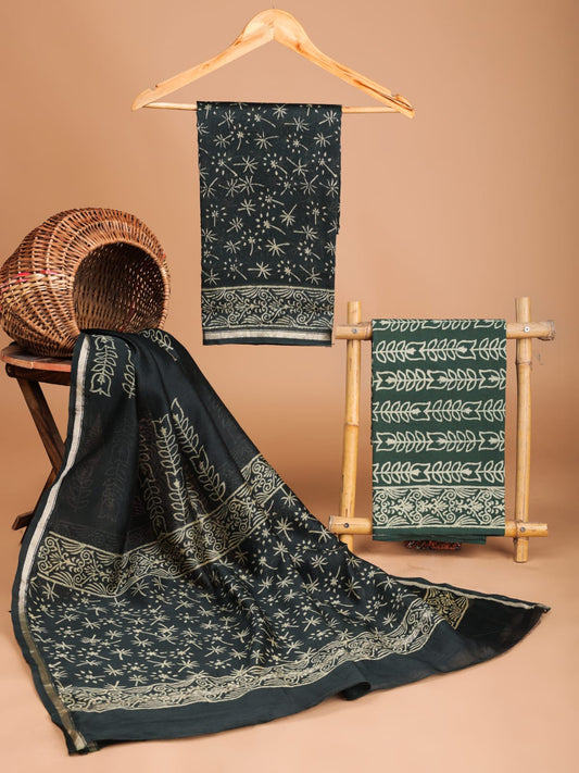 Dark Green Hand Prints Chanderi Silk Suit Set