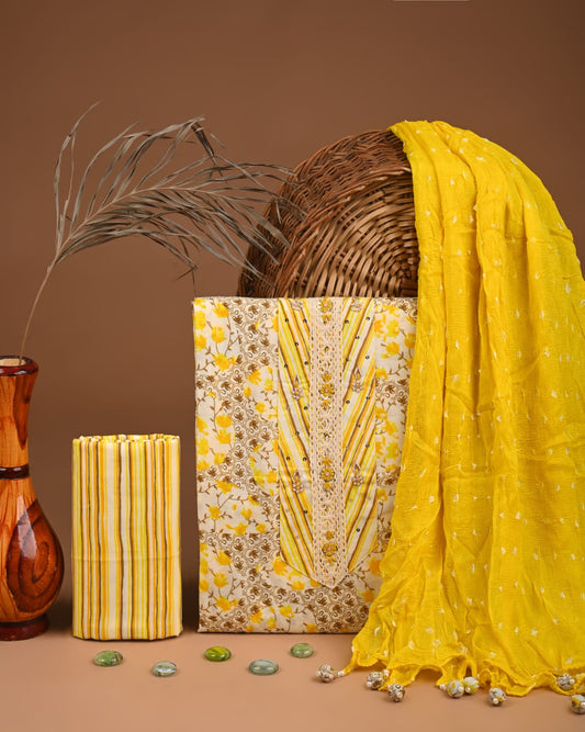 Yellow Cotton Gota Patti Work Suit With Chiffon Dupatta