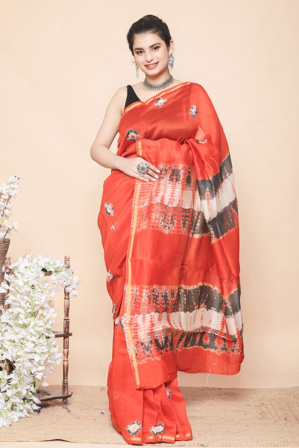Traditional Hand Block Printed Chanderi Silk Saree with Attached Designer Blouse
