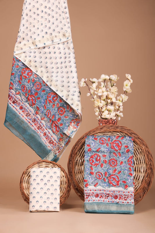 Premium Hand Block Print Maheshwari Silk Suit Set