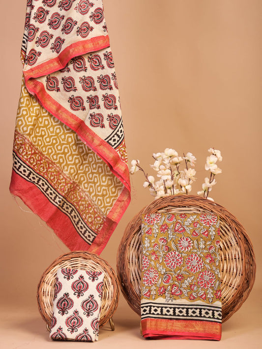 Hand Block Print Maheshwari Silk Suit Set
