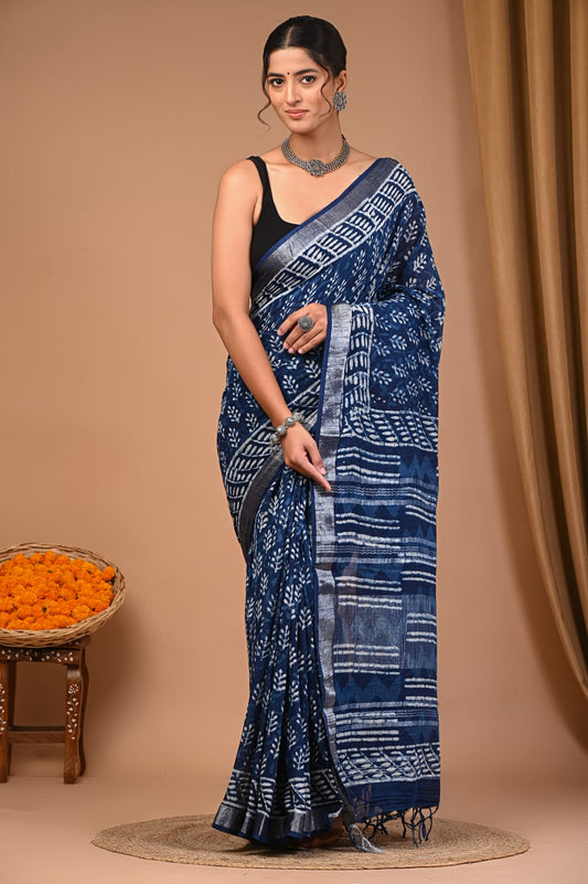 Hand Printed Dabu Linen Saree