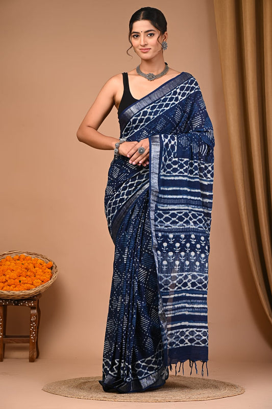 Pure Linen Saree With Traditional Dabu Print