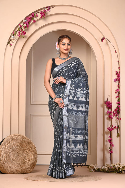 Soft & Breathable Hand Printed Linen Saree