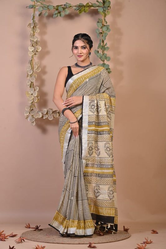 Handcrafted Dabu Print Linen Saree