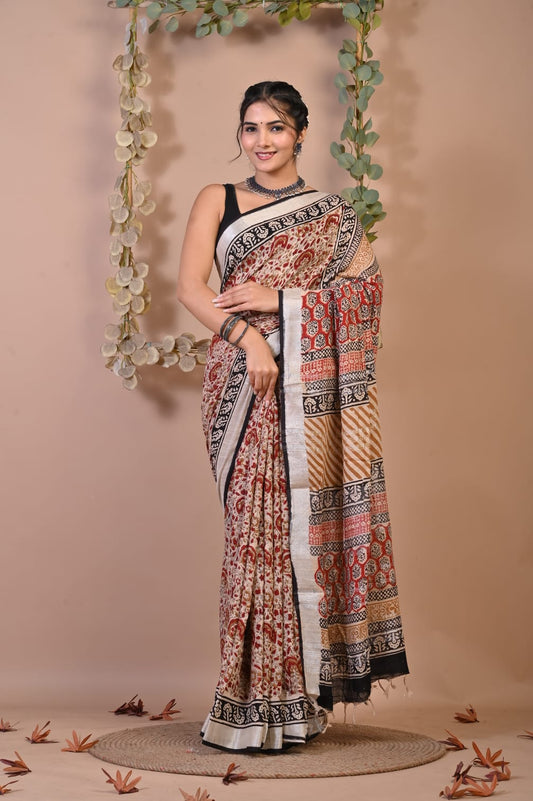 Exclusive Hand Printed Linen Saree