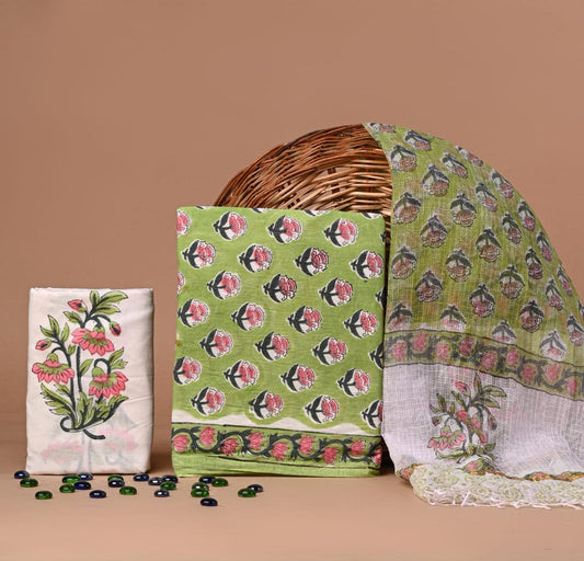 Green Hand Block Print Cotton Suit With Kota Doria Dupatta