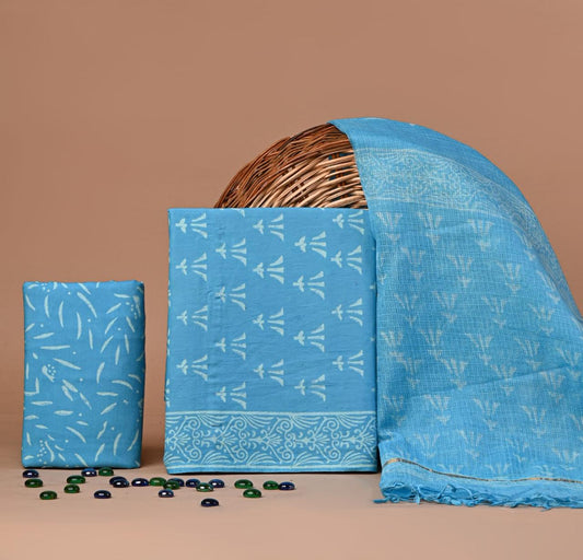 Blue Hand Block Printed Cotton Suit With Kota Doria Dupatta