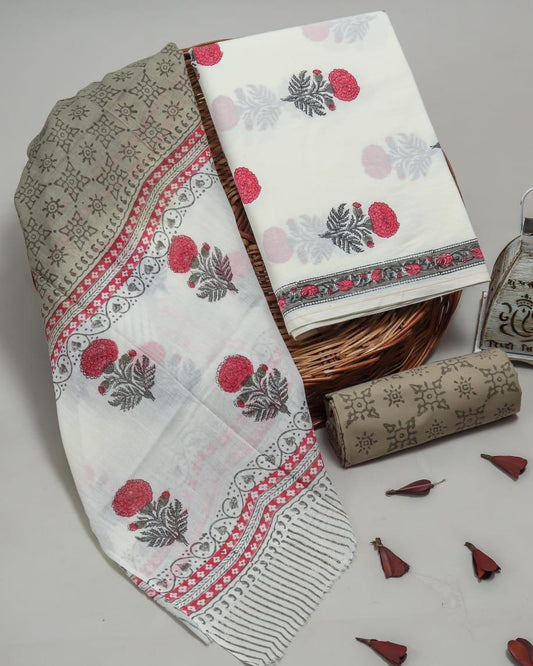 Organic Hand Block Printed Cotton Suit With Cotton Dupatta