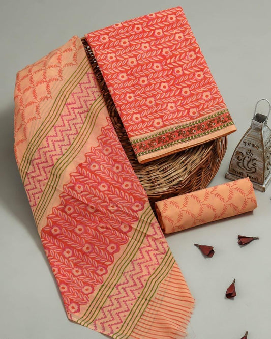 Hand Block Print Orange Cotton Suit With Cotton Dupatta
