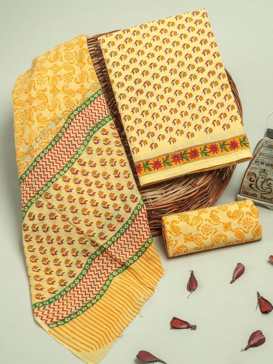 Yellow Hand Block Printed Cotton Suit With Cotton Dupatta