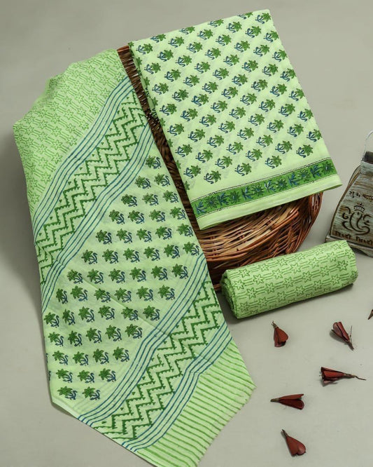 Green Hand Block Printed Cotton Suit With Cotton Dupatta