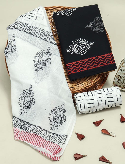 Hand Block Printed Black & White Cotton Suit