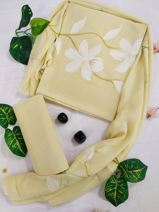 Beige Hand Print Cotton Suit With Chiffon Dupatta