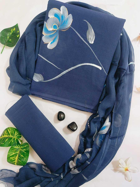 Hand Print Blue Cotton Suit With Chiffon Dupatta