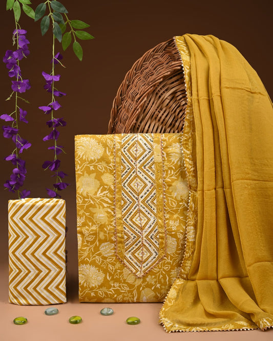 Exclusive Cotton Gota Patti Work Suit With Chiffon Dupatta