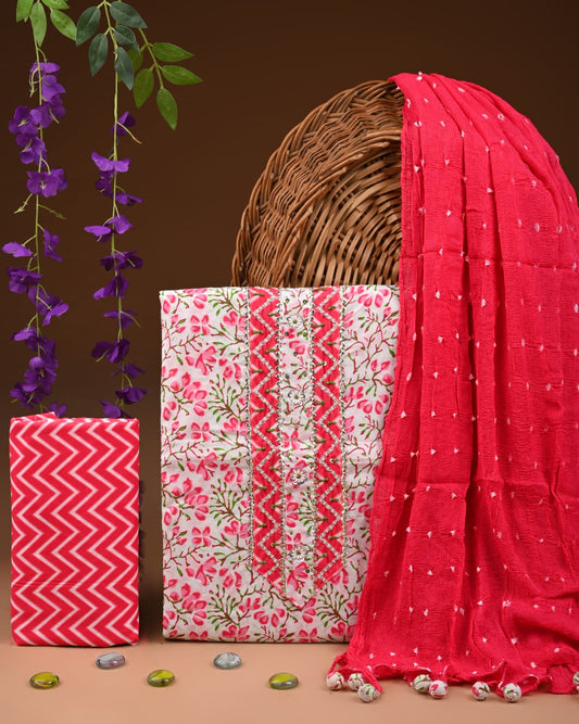 Organic Pink Cotton Gota Patti Work Suit With Chiffon Dupatta